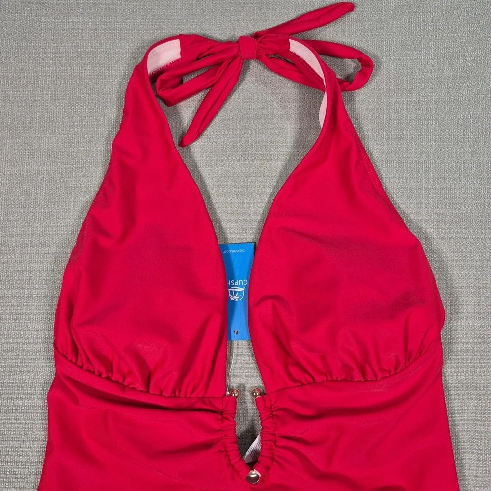 Cupshe Red Deep V Neck Ruched Halter One Piece‎ Swimsuit New Size L